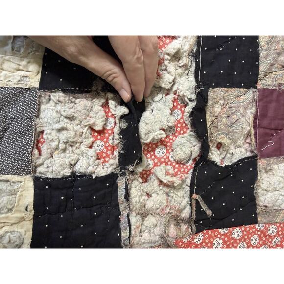 Vintage Handmade Hand Quilted Patchwork Block Quilt 74x82 Antique Tattered - Picture 4 of 6